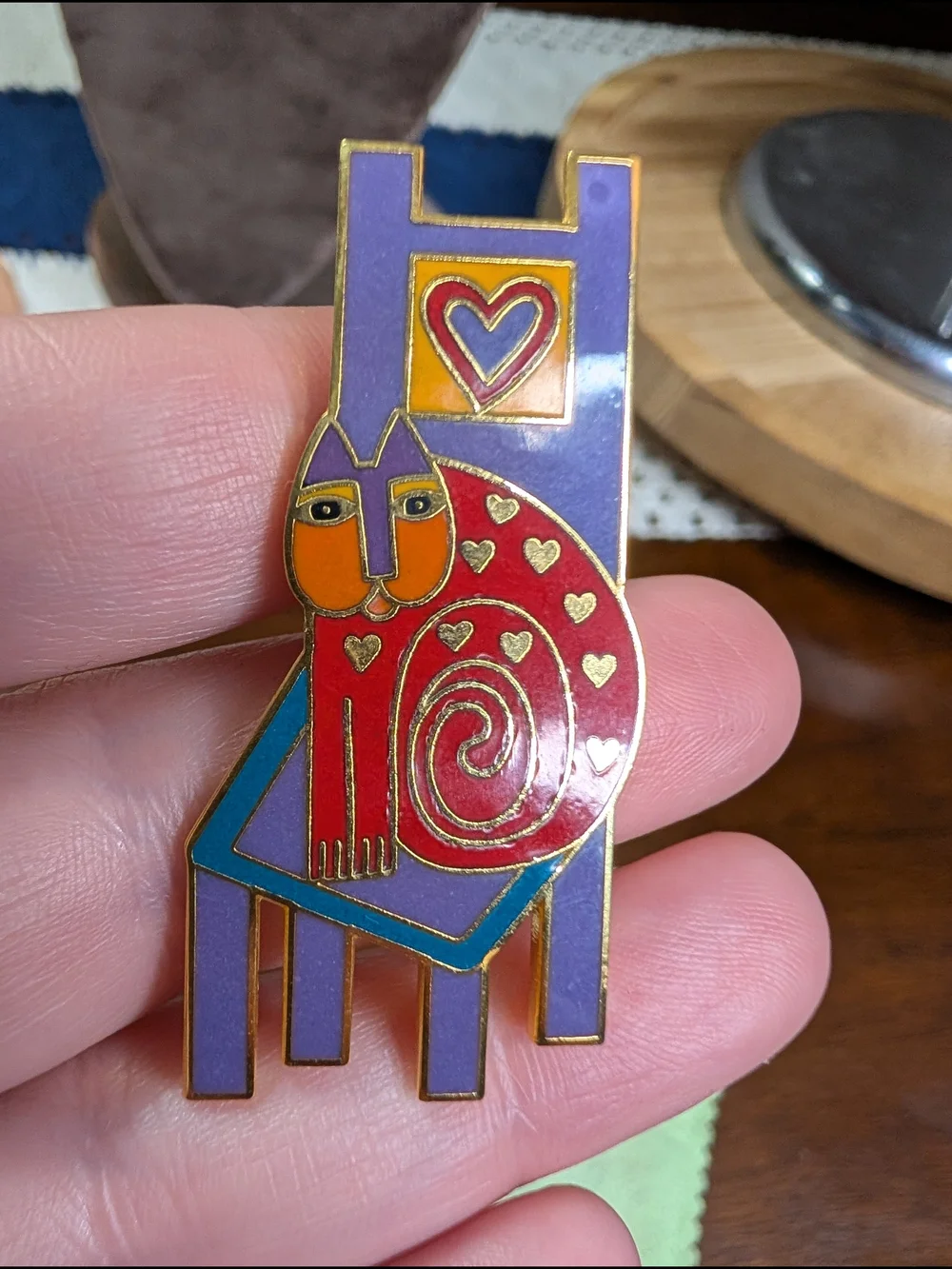 Vintage Laurel Burch Signed Colorful Cat on Chair Enamel Pin Brooch Folk Art